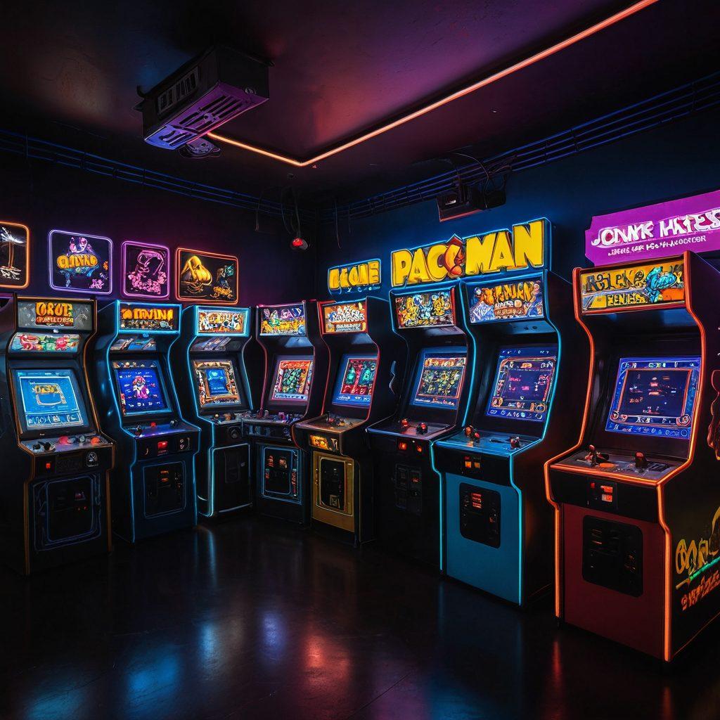 A vibrant arcade scene from the 80s with classic game cabinets featuring titles like Pac-Man, Space Invaders, and Donkey Kong. Neon lights, retro gaming posters, and vintage joysticks add to the nostalgic atmosphere. Enthusiastic gamers with big hair, colorful outfits, and wide smiles are engrossed in play. super-realistic. vibrant colors.